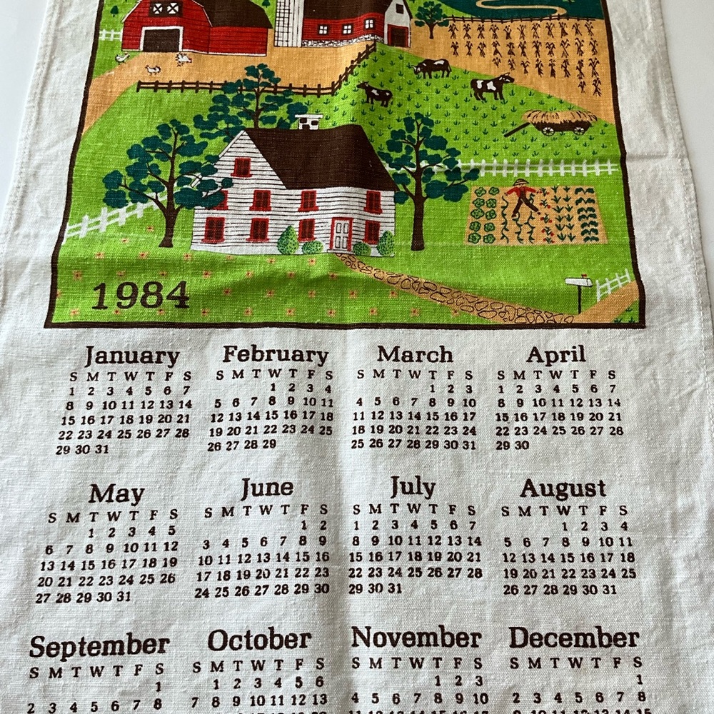 Vintage Calendar Towel Patriotic 1976 Flag Liberty Bills 1984 Folk Art Barn Farm - Picture 6 of 9